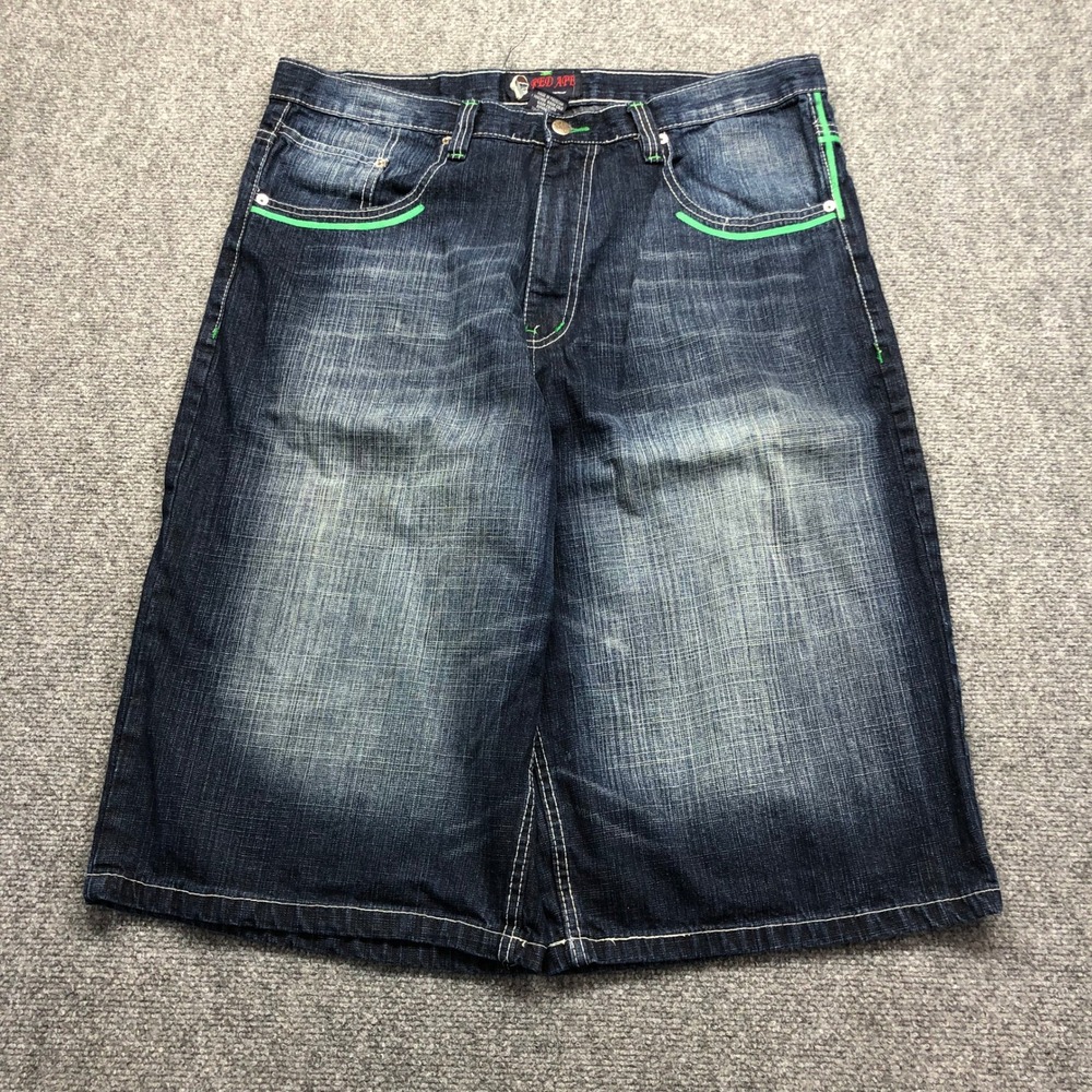 Red Ape Mens Baggy Denim Shorts 38 Dark Wash Y2K Hip Hop Lime Green Embroidered